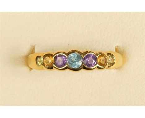 A 9ct gold rainbow ring, peridot, citrine, amethyst, topaz, amethyst, citrine and peridot, N, 1.6gm 