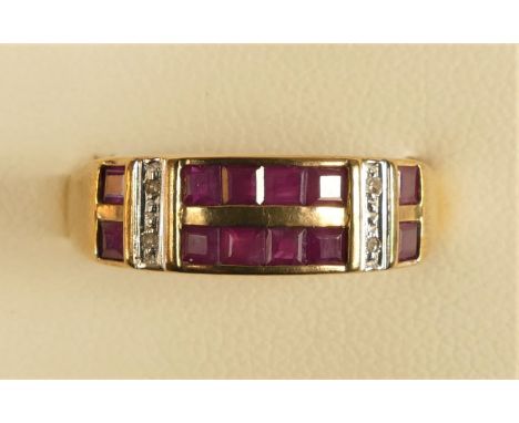 A 9ct gold ruby and diamond dress ring, Q 1/2, 3gm 