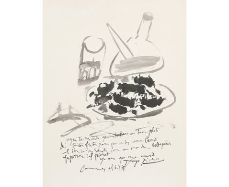PABLO PICASSO Malaga 1881 - 1973 Mougins: Plato de Toritos fritos. Stilleben mit Karaffe, Glas und einem Teller mit frittiert