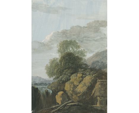 FRIEDRICH LUDWIG OESER 1751 - Dresden - 1792: Landschaft mit Wasserfall und Hütte. Aquarell. Auf der Unterlage mit Tuschfeder