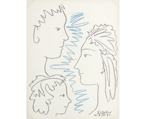 PABLO PICASSO Malaga 1881 - 1973 Mougins: La Famille: Françoise Gilot mit ihren Kindern Paloma und Claude im Profil. Farb. Ph