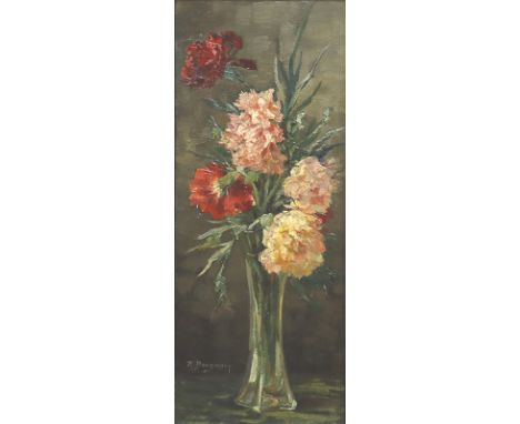 RESI (THERESE) BORGMANN Berlin 1861 - 1945 Baden-Baden: Nelken in einer Glasvase. Oel auf Karton. Signiert. 49 x 20,5 cm. Mit