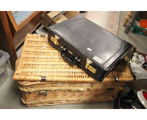 Wicker hamper basket, vintage briefcase, lego tub, ceramics etc