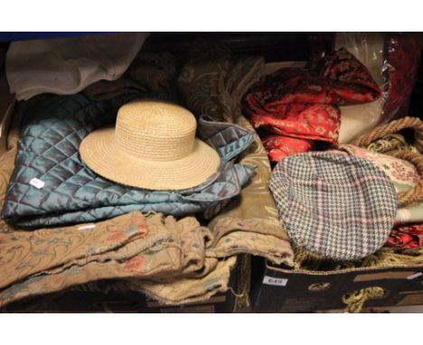 A quantity of curtains and various hats etc.