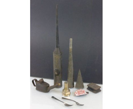 Group of vintage Railway items to include a GWR paperweight and cutlery, warning horn and enamel "Look Out" arm badge