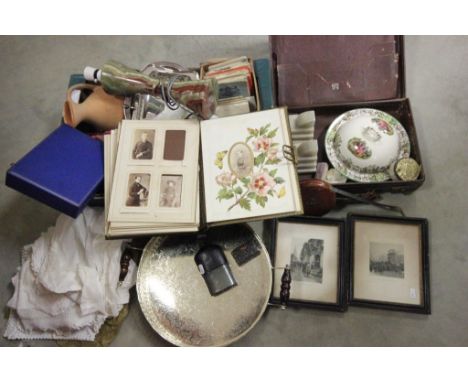 Mixed collectables to include; Onyx lamp, Victorian photograph album, vintage Maps, hip flask, metalware etc