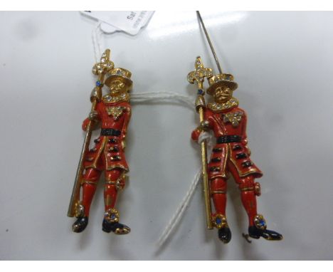 Pair of Vintage Enamel ' Beefeater ' Brooches