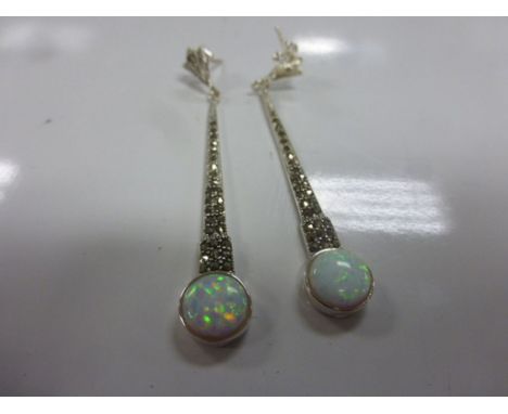 A pair of silver Art Deco style marcasite and opal drop earrings