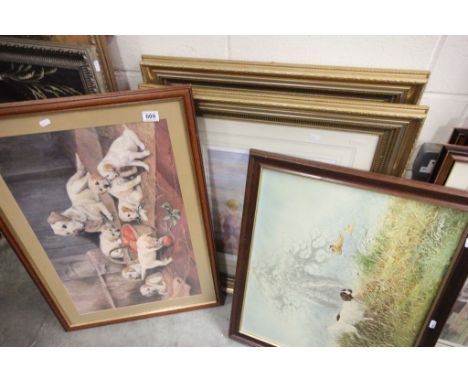 Oil on canvas gundog flushing game a print of Labrador with pups and two beach scene prints.