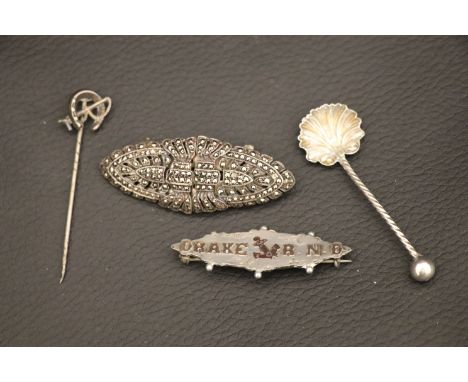 A silver drakes Royal Navy division sweetheart brooch, salt spoon etc