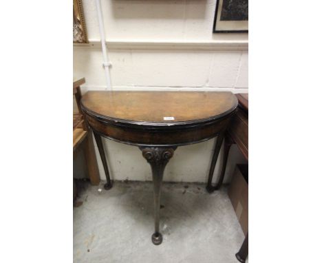 1920's Walnut Veneer Demi-Lune Fold-Over Card Table with Front Cabriole Leg and Green Baize Playing Surface