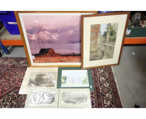 Framed & glazed Watercolour and a print plus several other unframed pictures