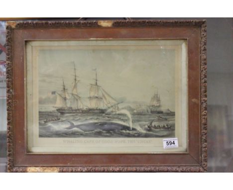 A gilt framed marine print titled "Whaling Cape of Good Hope"