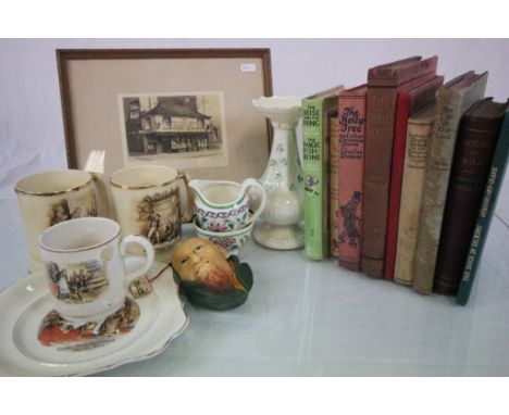 Box of vintage books, by or about Charles Dickens, plus vintage ceramics and a picture