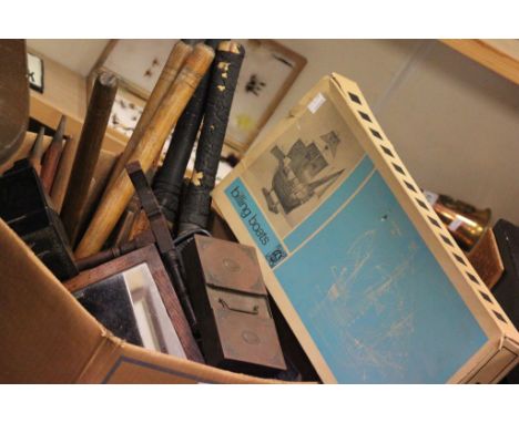 Large box of mixed collectables to include a jewellery box, metalware, horn & vintage Cricket Stumps & Bats