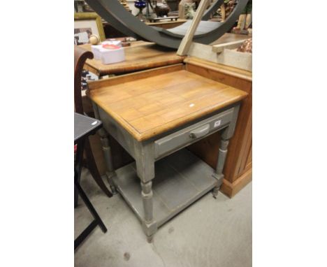 Kitchen prep table with paraquetry top, with drawer and pot shelf below 