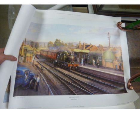 Three rolled railway prints to include an Artists proof by Robin Pinnock "Martock Memories" and a signed Terence Cuneo print 