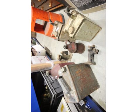 Vintage Pratts Petrol Can, Two Velor Cans and Two Further Cans plus a pair of Props, Weight and Flat Iron