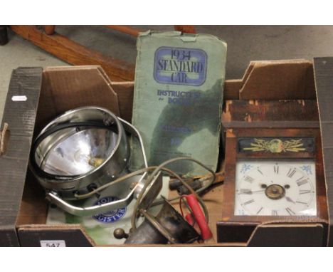 Wooden clock, spotlight, vintage Car horn and a 1934 Standard Car instruction book