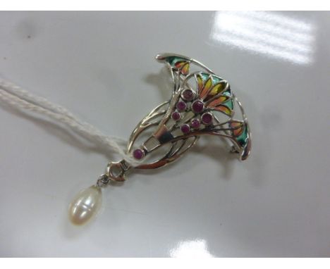 A silver plique a jour Art Nouveau style brooch with freshwater pearl drop