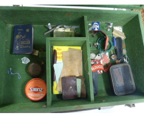 A wooden case to include Art Deco plastic propelling pencil, case impressed J. Powell and Son Chippenham 2201, a pair of WWII