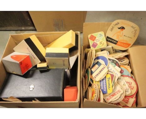 Box of vintage Photographic equipment and a large box of vintage Beer mats