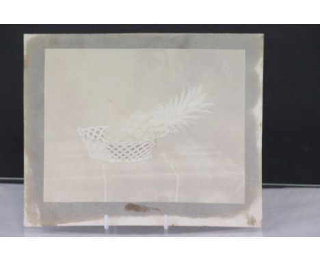 Photography - William Henry Fox Talbot. Talbotype of a pineapple in ceramic basket on table with tartan tablecloth. Unmounted