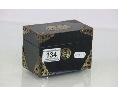 Lacquered wooden playing card box with brass detailing & two packs of vintage cards