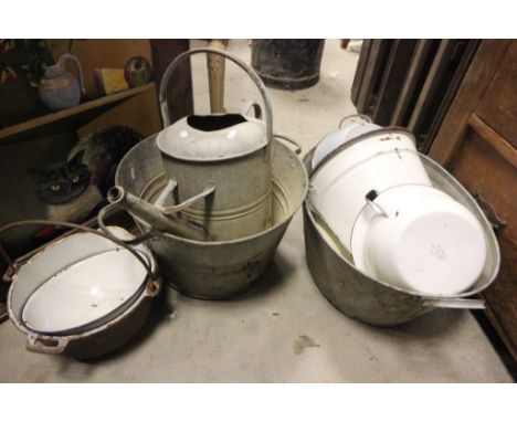 Galvanised Wash Bath, Tub and Watering Can together with a Collection of Enamel Ware