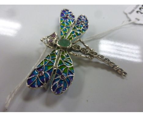 A silver plique a jour dragonfly brooch inset with jade 