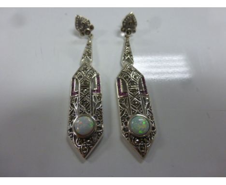 A pair of silver marcasite and ruby Art Deco style drop earrings