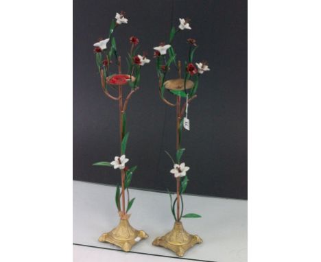 Pair of Floral design metal candlesticks with ceramic & painted flowers