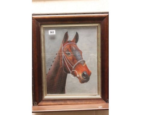 An oil painting portrait of a thoroughbred horse in a dark-wood frame