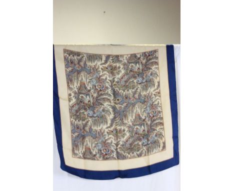 Liberty of London Silk Scarf with a Blue and Gold Chinese Garden with Figures design