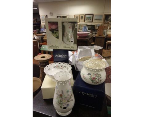 Five boxed Aynsley ceramic items, three in Wild Tudor & two in Pembroke pattern to include a jug, a vase and three Rose bowls