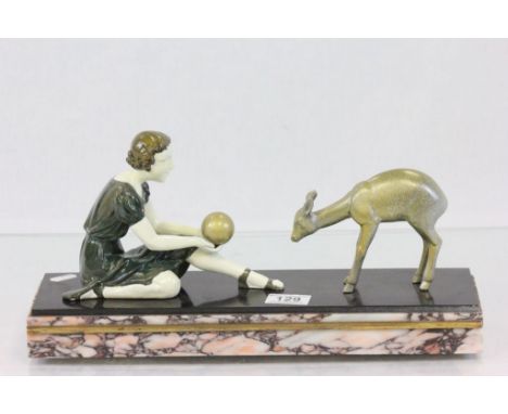Art Deco painted metal sculpture of a Girl & Ball playing with a Deer on a Marble base