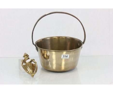 Vintage brass Jam pan with cast iron handle and a brass door knocker