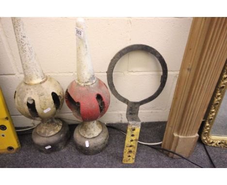 Two painted vintage Cast Iron Railway post finials and a railway related Cast Iron hoop