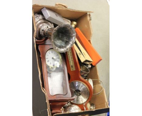 Box of mixed collectables to include silver plate, boxed Saint Hilaire thermometer, corkscrew, clock