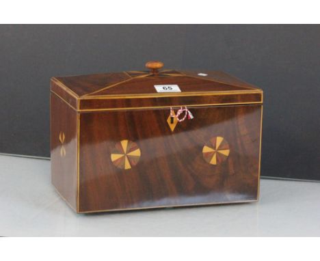 Inlaid large Mahogany veneered Tea Caddy with twin hinged compartments and a key