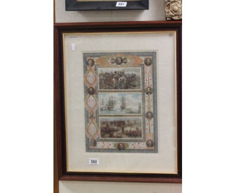 Late Victorian Coloured Print depicting Three Military Battle Scenes surrounded by portraits of Notable Gentleman, framed and