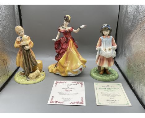 Three Royal Doulton Figurines to include RD Figure of the Year 1996 - Belle - HN3703, RD Age Of Innocence - Puppy Love - HN33