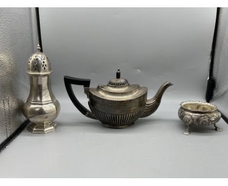 HM Silver Hallmarked Sugar Sifter, Teapot and Three Legged Condiment Pot
Total Weight 465gr