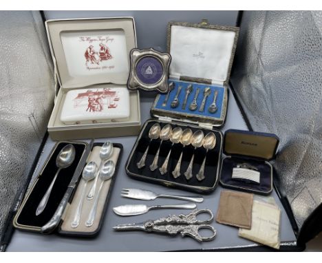 Assorted items to include HM Silver Hallmarked Small picture Frame, Four HM Hallmarked Silver Spoons, Ronson Lighter and othe