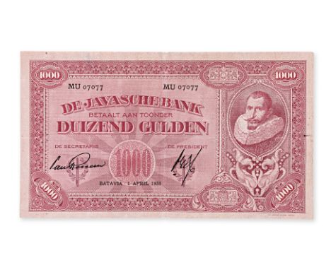 NETHERLANDS INDIES DE JAVASCHE BANK 1000 GULDEN 1926 Serial No. MU 07077, April 1 1926, portrait panel right, denomination ce