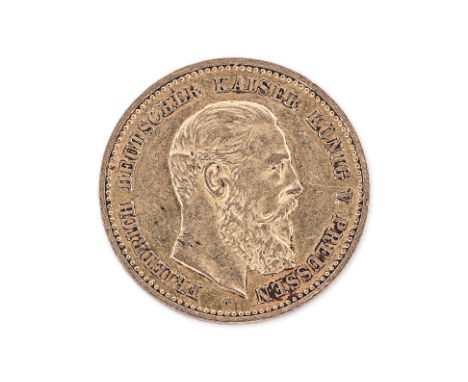 GERMANY-PRUSSIA FREDERICK III GOLD 10 MARK 1888 A
Berlin mint, bust facing right and A on truncation, reverse with crowned ea