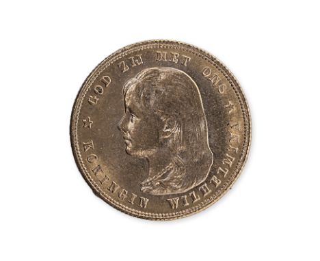 NETHERLANDS WILHELMINA GOLD 10 GULDEN 1897
Young portrait facing left, reverse with crowned shield flanked by denomination, d