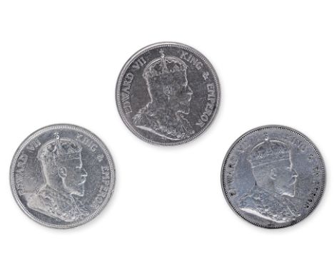 STRAITS SETTLEMENTS EDWARD VII 50 CENTS 1907; 1908 (3)
Comprising: 1907 (no mint mark); 1908 (2); Crowned portrait facing rig