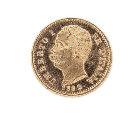 ITALY UMBERTO I GOLD 20 LIRE 1882 R
Rome mint, Umberto I facing left and SPERANZA (name of engraver) in the neck-cut, date be