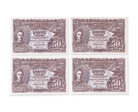 MALAYA GEORGE VI 50 CENTS 1941 CONSECUTIVE (4) Consecutive numbers A/21 644629, A/21 644630, A/21 644631, A/21 644632, 1st Ju